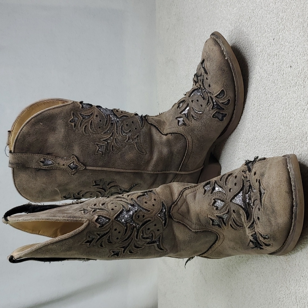 Roper Kennedy womens distressed sparkle cutout inlay cowboy western boots 8